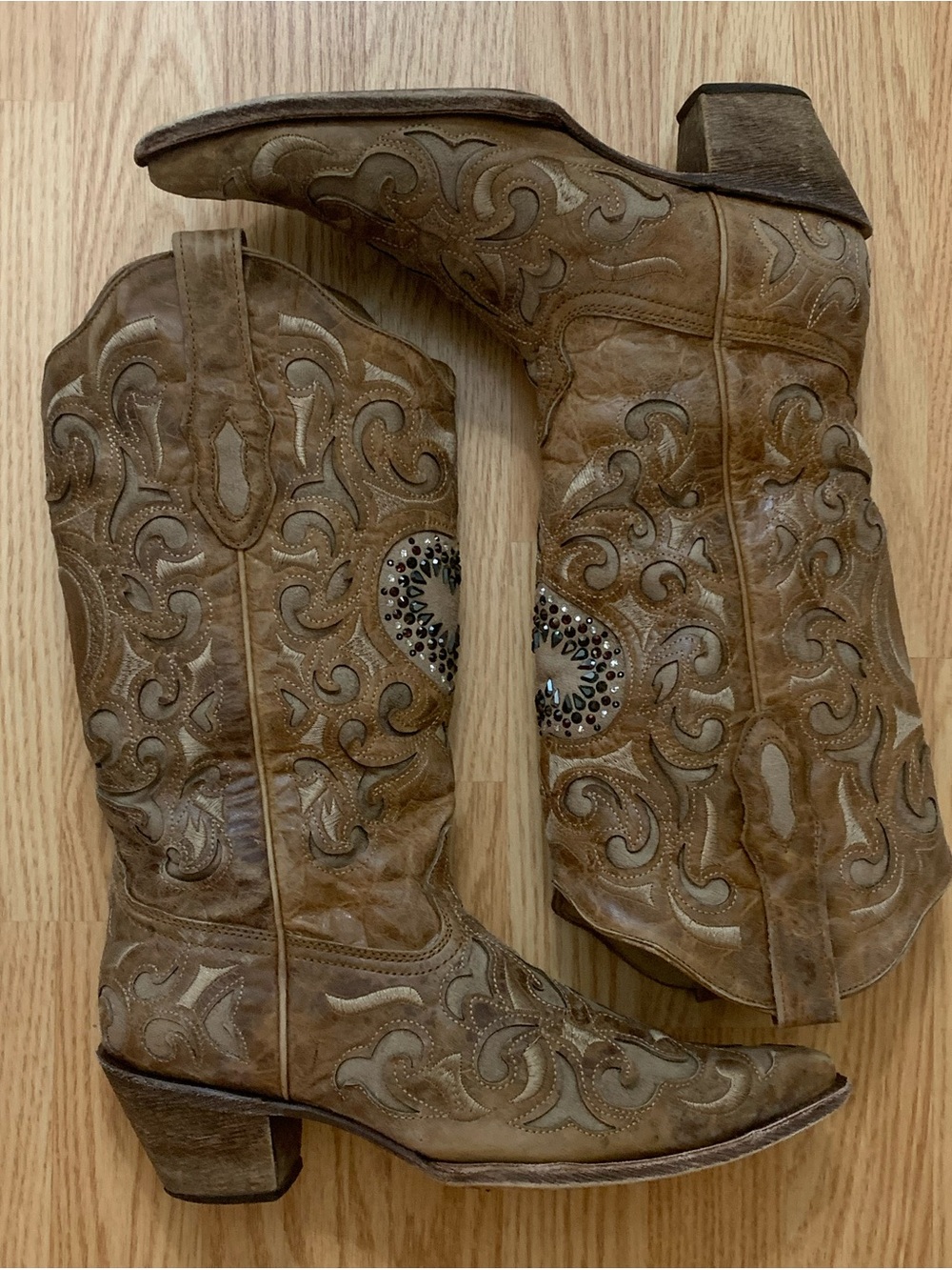 Corral Brown Leather Sand Maipo Crystal Heart Cowboy Western Boots 9 1/2